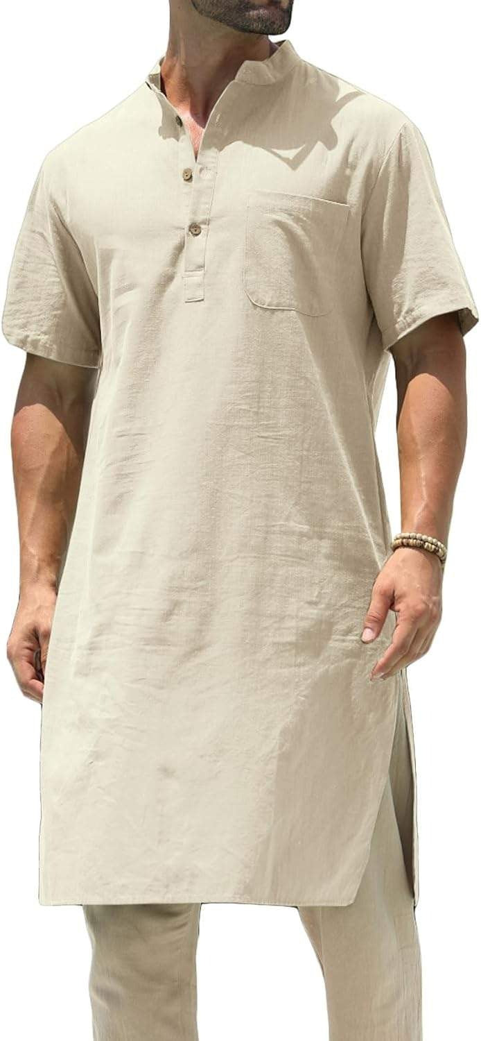Men’s Kurta Cotton Linen Henley Shirt Kaftan Short Sleeve Lounge Casual Gown