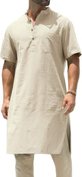 Men’s Kurta Cotton Linen Henley Shirt Kaftan Short Sleeve Lounge Casual Gown