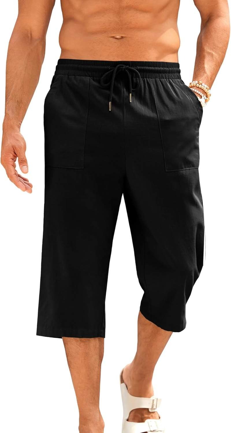 Men’s Cotton Linen Yoga Pants Elastic Drawstring Casual 3/4 Capri Shorts