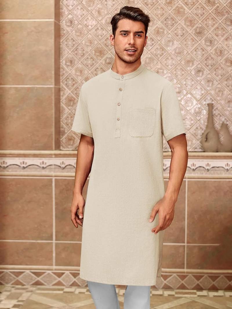 Men’s Kurta Cotton Linen Henley Shirt Kaftan Short Sleeve Lounge Casual Gown