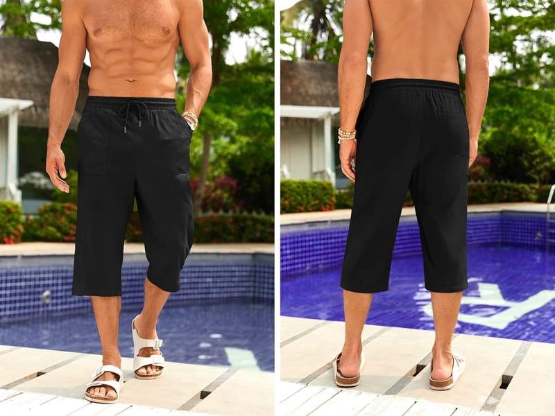 Men’s Cotton Linen Yoga Pants Elastic Drawstring Casual 3/4 Capri Shorts