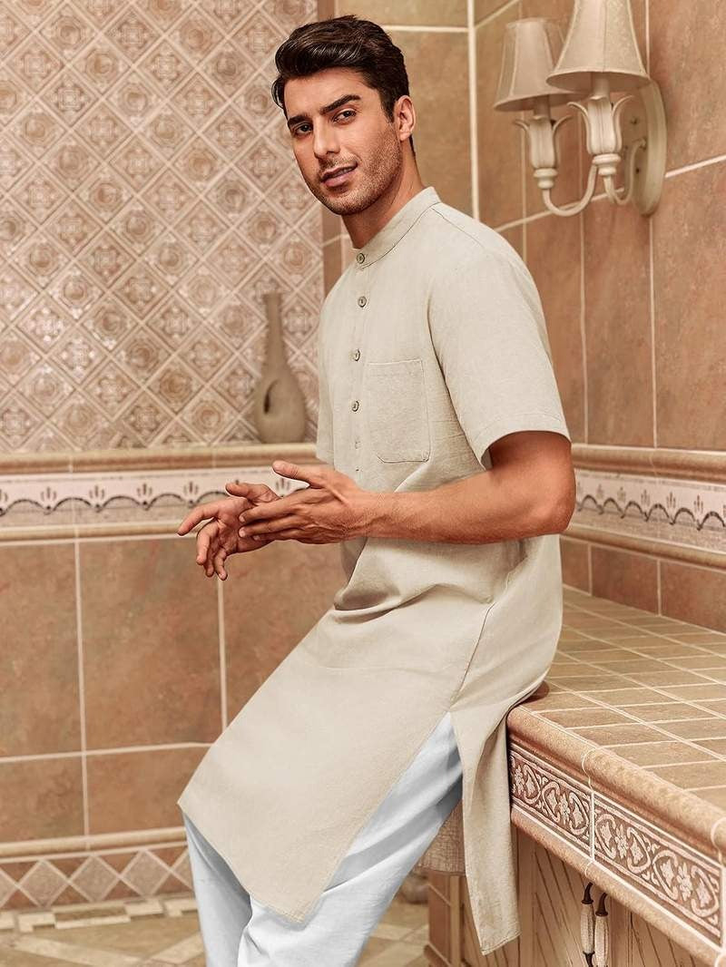 Men’s Kurta Cotton Linen Henley Shirt Kaftan Short Sleeve Lounge Casual Gown