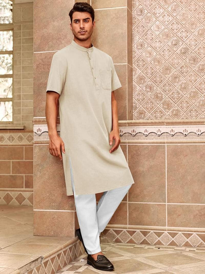 Men’s Kurta Cotton Linen Henley Shirt Kaftan Short Sleeve Lounge Casual Gown