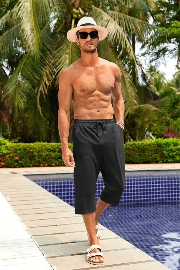 Men’s Cotton Linen Yoga Pants Elastic Drawstring Casual 3/4 Capri Shorts